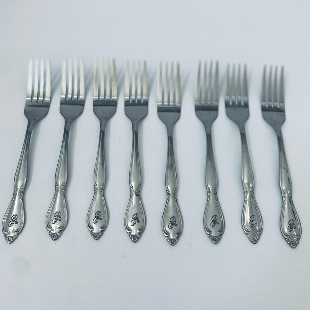 Custom Craft Monogram "R" Flatware Stainless Set Of 8 Dinner Forks